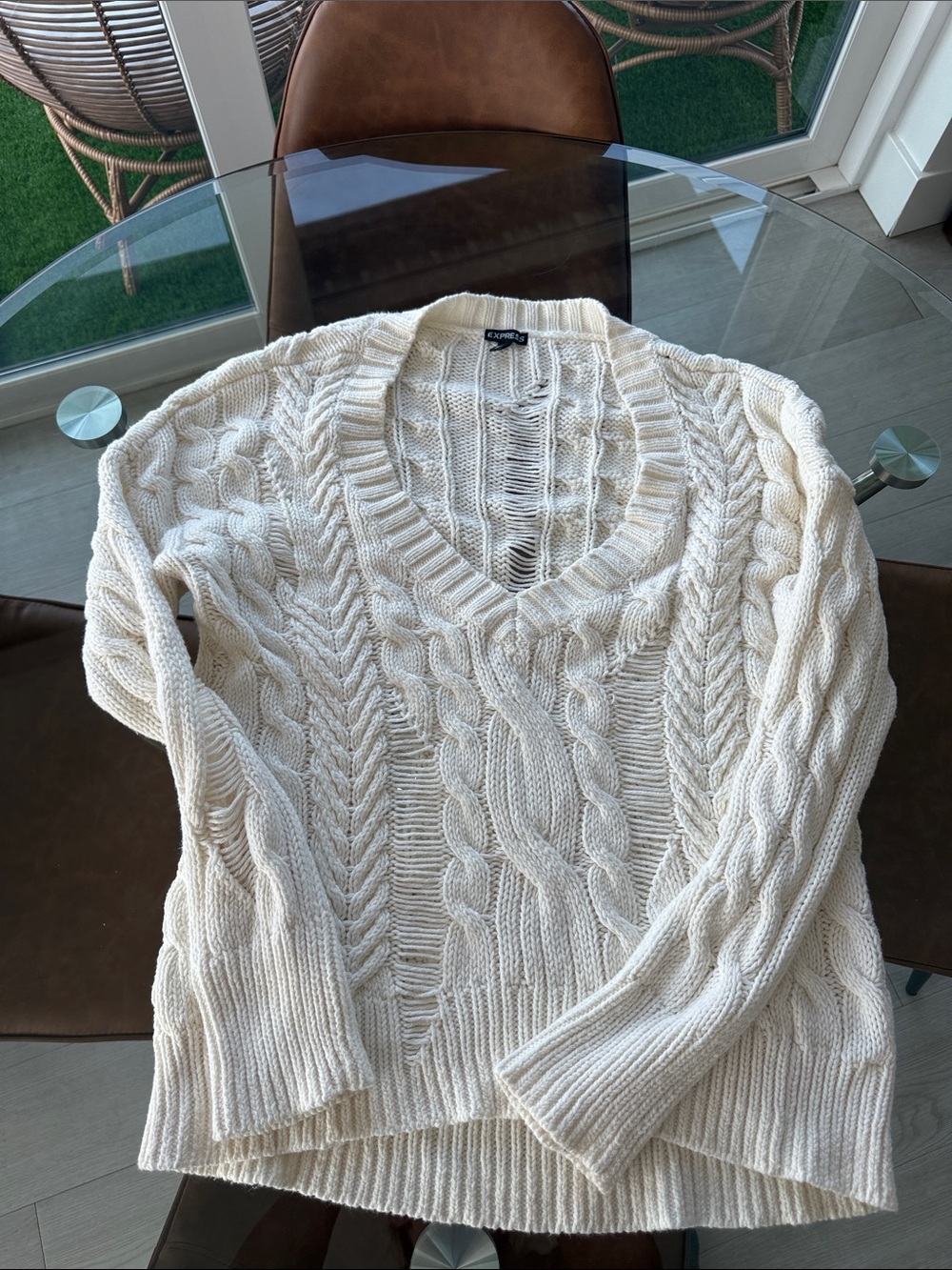 Express Oversized Cream Cable-Knit V-Neck Sweater